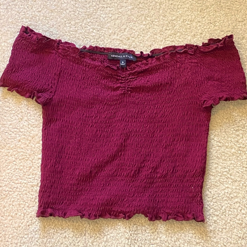 Kendall & Kylie Wine/Burgundy Lettuce Trim Off-Shoulder Crop Top